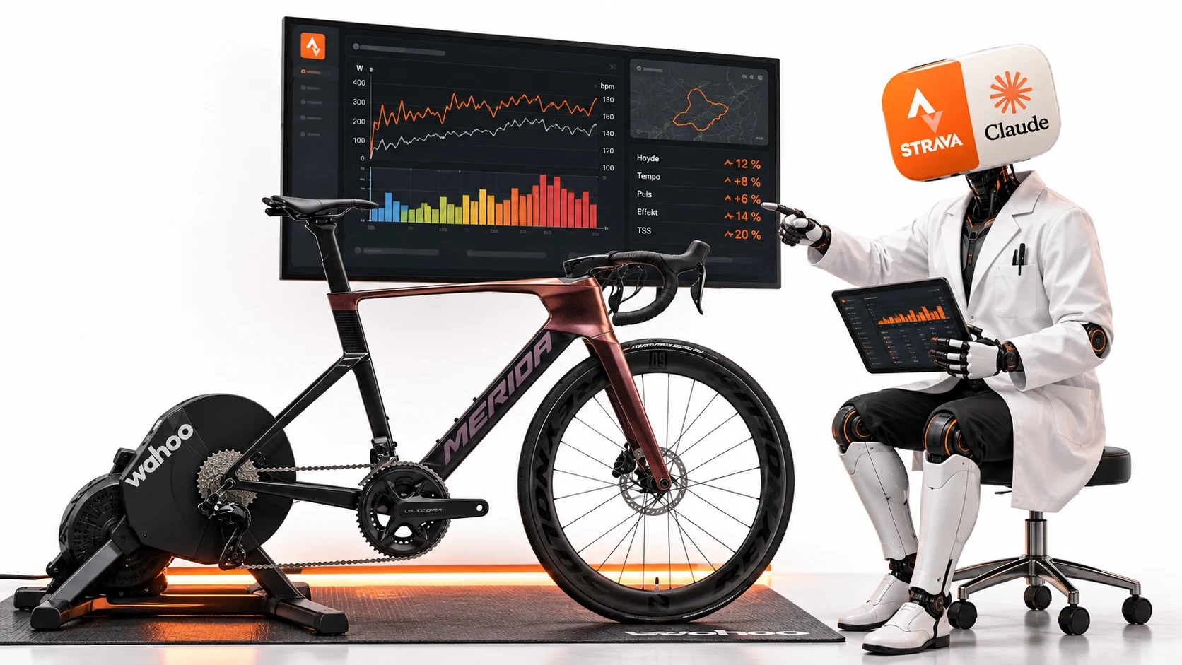 Landeveissykkel på rulla foran en skjerm med treningsgrafer, mens en robot med Strava- og Claude-logo peker på dataene.