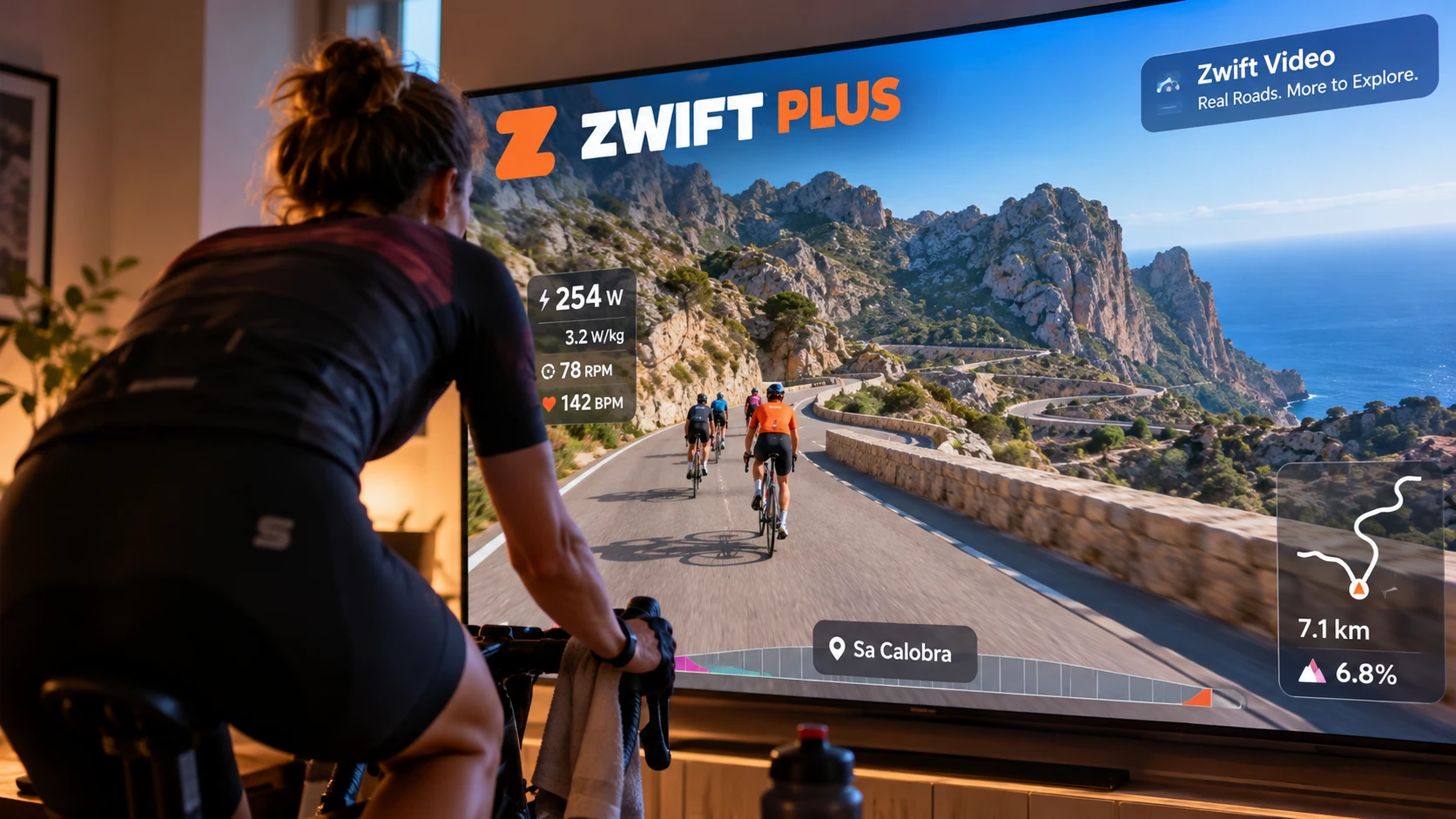 Syklist på rulla foran en stor TV som viser Zwift Plus med video fra Sa Calobra på Mallorca.
